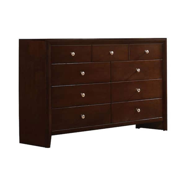 Benjara Merlot Brown, Silver and Nickel 9-Drawer 16.5 in. Wooden Dresser Without Mirror