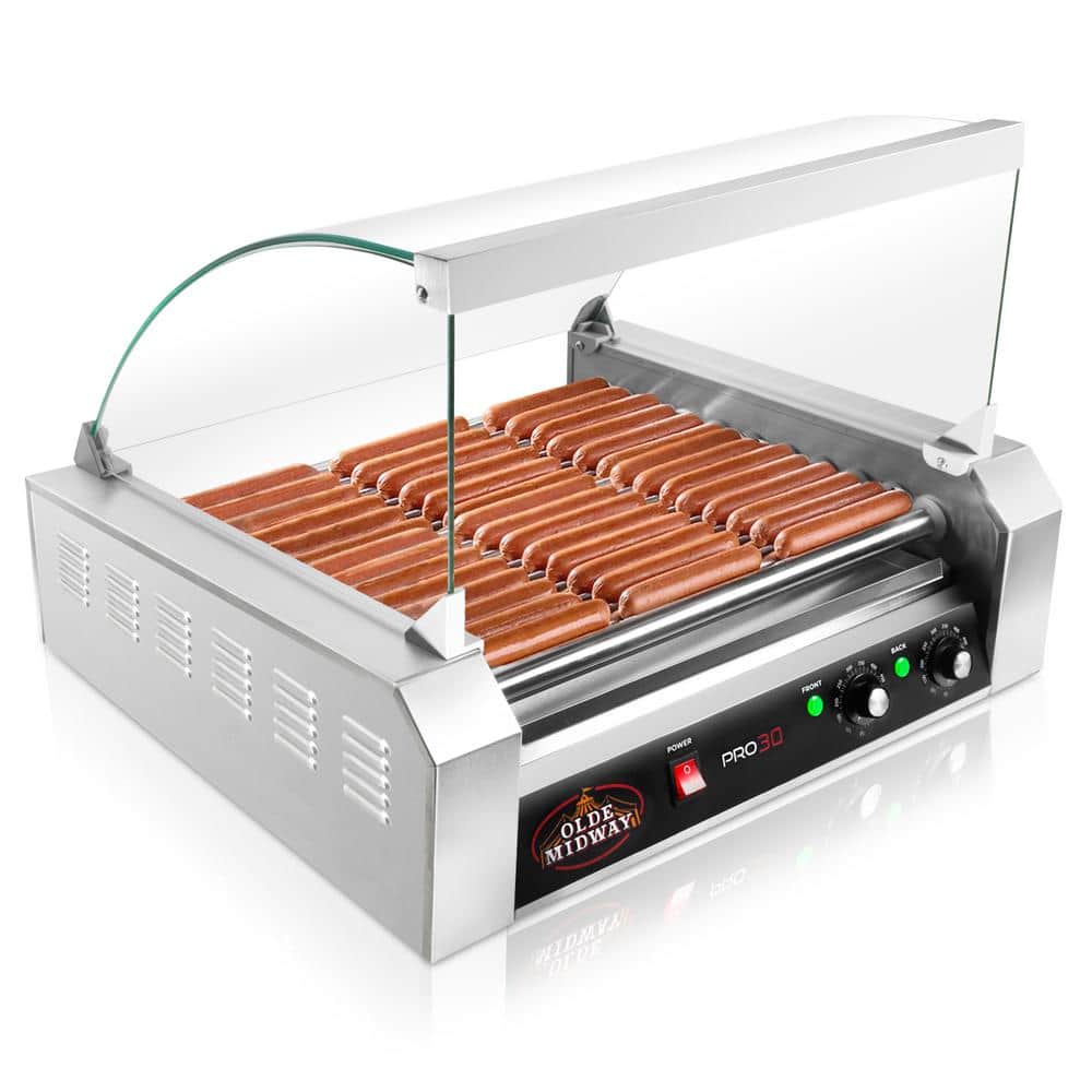 Olde Midway  269 sq. in. Stainless Steel Indoor Grill Hot Dog, Sausage Electric Countertop Cooker Machine with 11-Rollers and Cover - 1