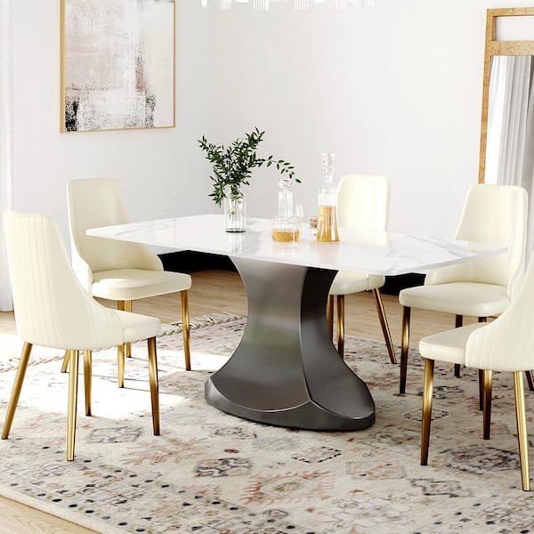 Magic Home 70.87 in. White Sintered Stone Tabletop Gunmetal Gray Pedestal Base Dining Table (Seats 6)