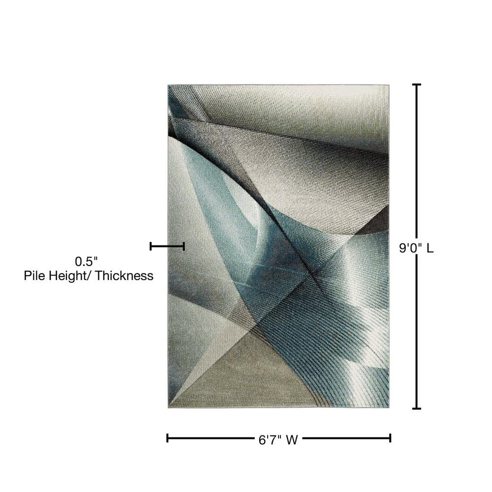 Grey and Teal Geometric Medium Pile Area Rug, 6'7" x 9'