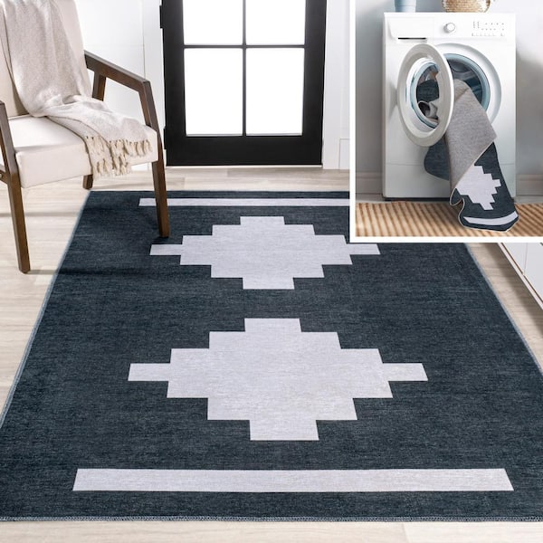 Adriel Geometric Medallion Machine-Washable Navy/Light Gray 9 ft. x 12 ft. Area Rug