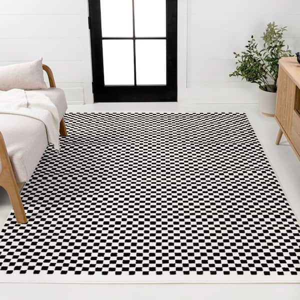 Finn High-Low Modern Minimalist Checkered Monotone Black/White 5 ft. x 8 ft. Area Rug