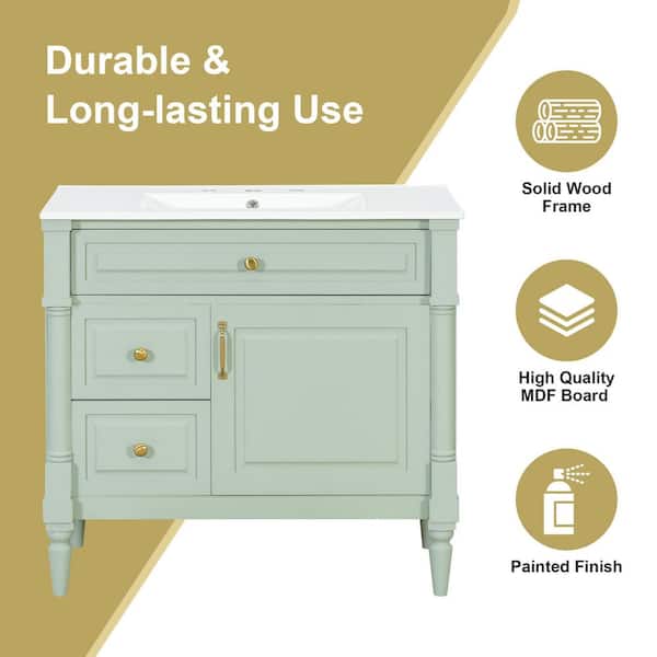 Ximuprmy 36 in. Freestanding Green Solid Rubber Wood Bath Vanity