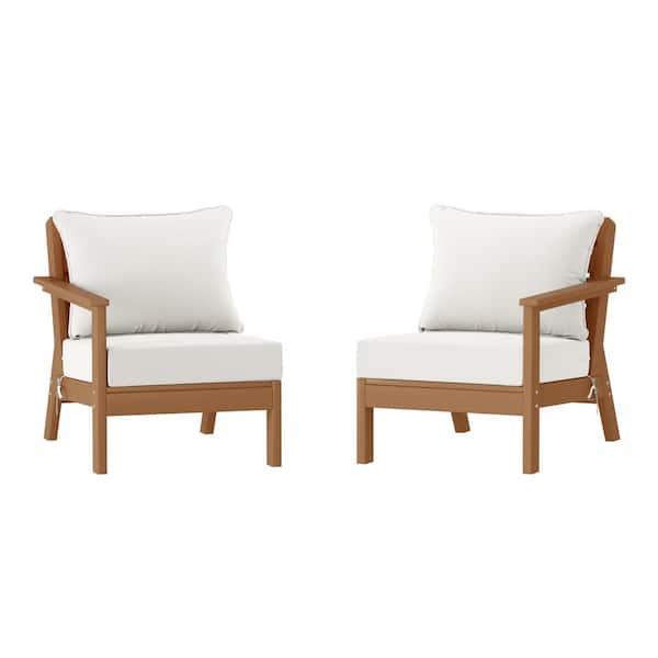 WESTIN OUTDOOR Birchwood Teak Arrangeable Outdoor Patio 2-Piece Deep Seating HDPE Loveseat Arm Chair Set with White Cushions