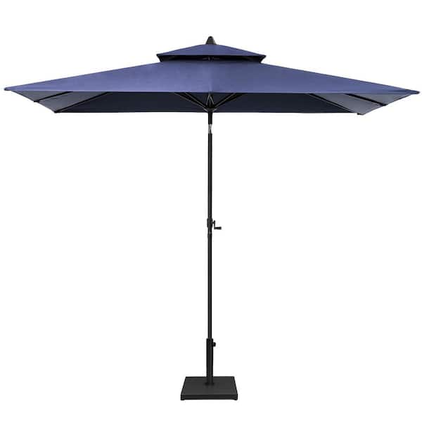 10 ft. x 6.5 ft. Rectangular Metal Market Crank and Tilt Patio Umbrella in Navy Blue, 43 lbs. Cement Umbrella Base