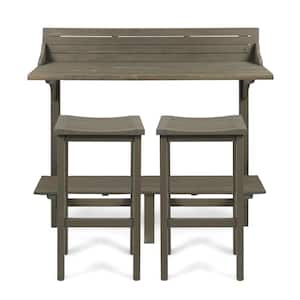 Gray 3-Piece Wood Rectangular Outdoor Balcony Bar Set