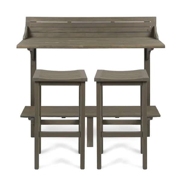 Gray 3-Piece Wood Rectangular Outdoor Patio Balcony Bar Set
