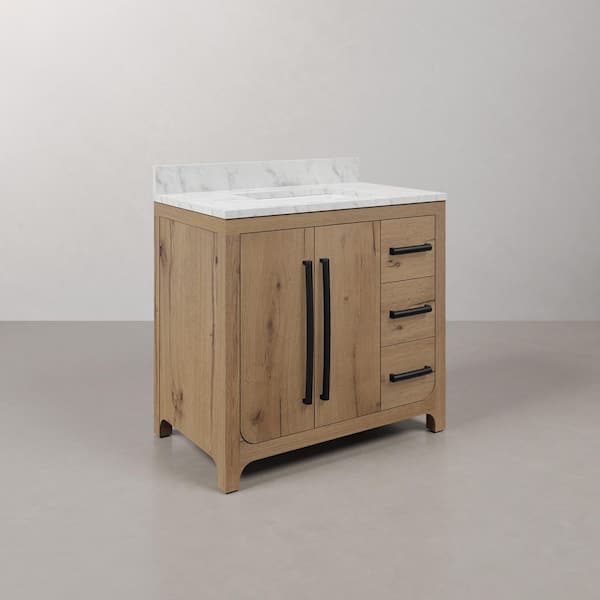 Perris 36 in. Single Sink Bath Vanity in Weathered Oak with Carrara White Engineered Stone Top