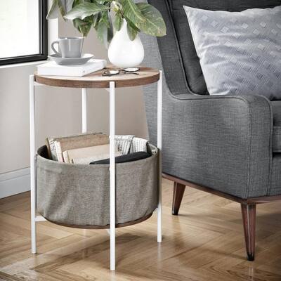 Oraa Rustic Oak and White Metal Frame Side Table with Storage Basket