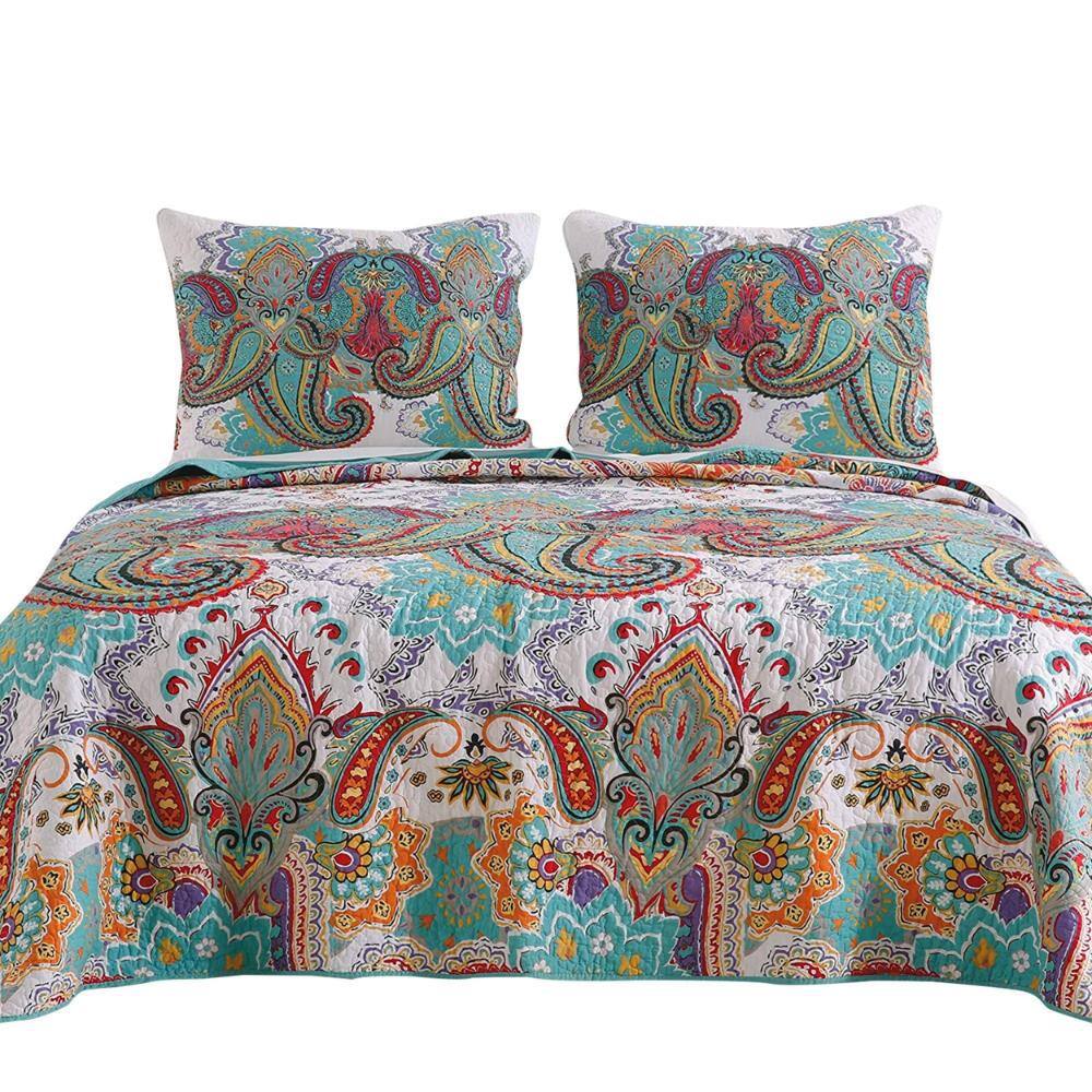 Queen Size Blue Paisley Microfiber Quilt Set