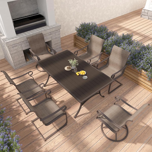 Mondawe Brown 7-Piece Steel Rectangular Outdoor Dining Set with Umbrella Hole and Swivel Chair