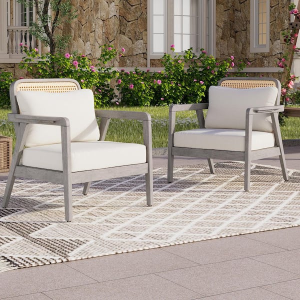 Coporesell Light Gray Acacia Wood Outdoor Lounge Chair with Cream Cushions (2-Pack)