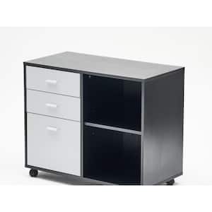 Black Filing Wood Cabinet with 2 Open Storage Shelves and 3 Drawer