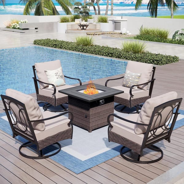 PHI VILLA Brown Rattan Wicker 4 Seat 5-Piece Steel Outdoor Fire Pit Patio Set with Beige Cushions, Rattan Square Fire Pit Table