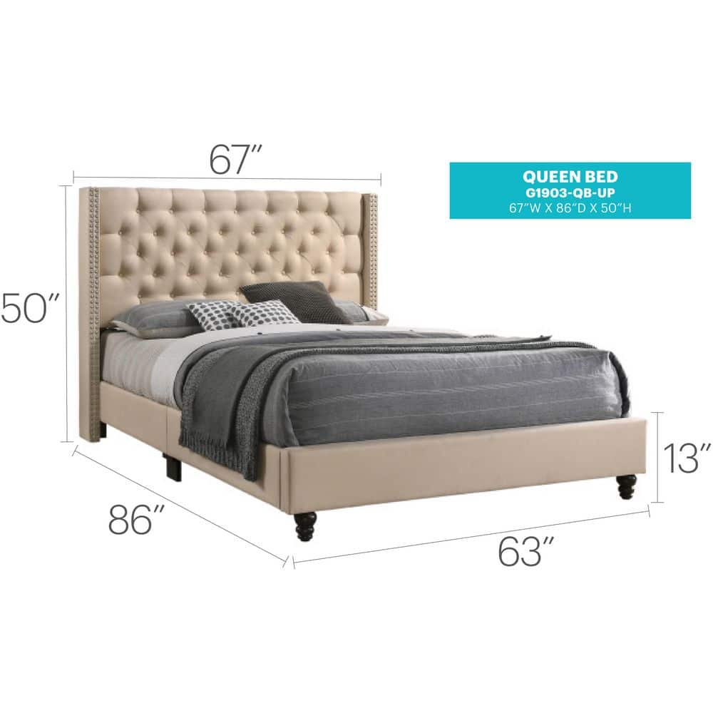 Elegant Beige Velvet Tufted Queen Bed with Nailhead Trim