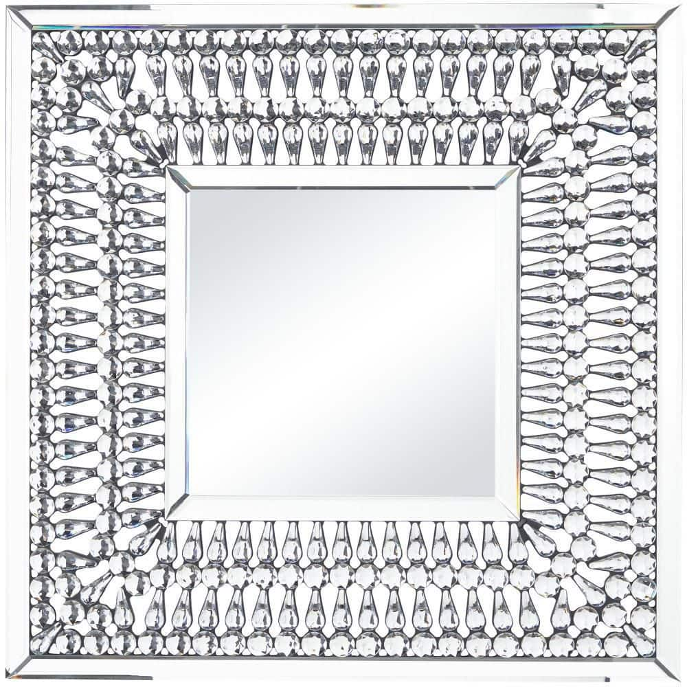 Modern Style Wooden Decorative Mirror with Rhinestone Inlays, Silver - 40 H x 44 W x 2 L Inches