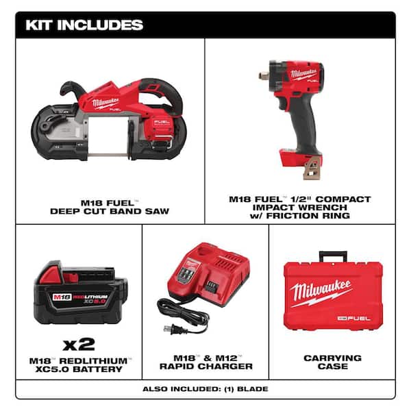 M18 FUEL 18V Lith-Ion Cordless Deep Cut Band Saw w/ (2) M18 REDLITHIUM XC5. 0 Battery & Rapid Charger & Impact Wrench