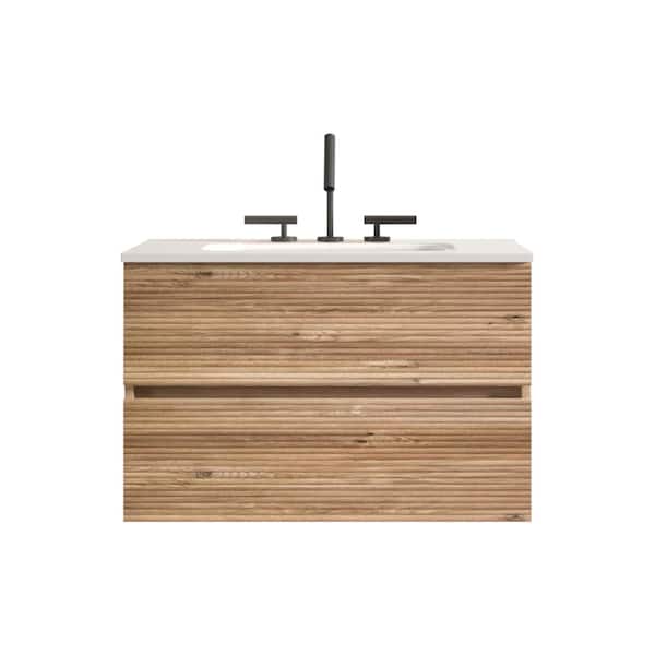 30 in. Wall-Mounted Oak Bath Vanity with White Ceramic Top Unassembled
