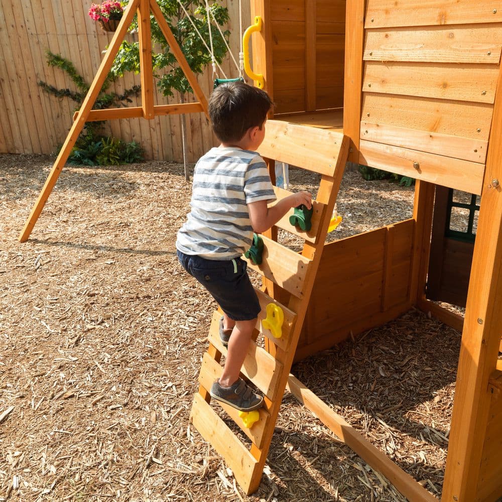 Treasure Cove Cedar Wooden Swing Set with Green Slides