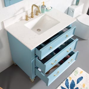36 in. W x 22 in. D x 35 in. H Single Sink Solid Wood Bath Vanity in Classic Blue with Stain-Resistant Quartz Top,Mirror