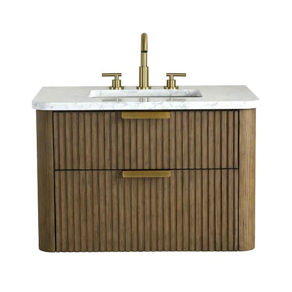 Warren 30 in W x 20 in D x 34 in H Floating Bath Vanity in Aged Oak with Engineered Stone Top in Arabescato White Sink