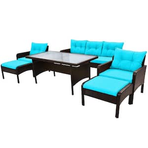 Blue 6-Piece Wicker Outdoor Dining Set with Blue Removable Cushions and Tempered Glass Tea Table