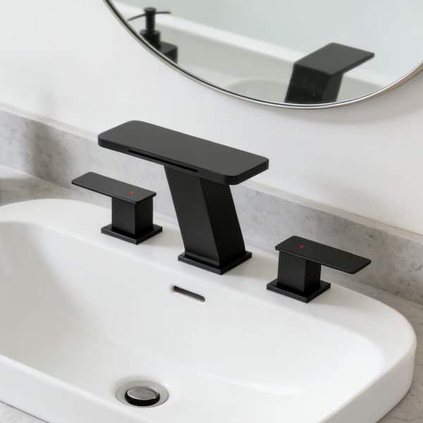 NOBLE 8 in. Waterfall Widespread Double-Handle Bathroom Faucet 3-Hole Bath Sink Faucet with Pop-up Drain in Matte Black
