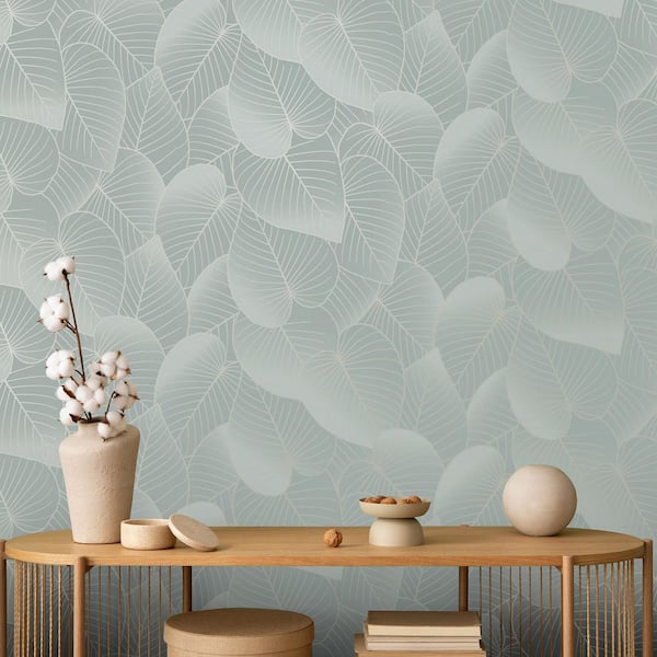 Graphic Leaves Teal with Foil Accents Wallpaper Sample