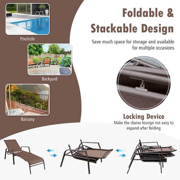 2-Piece Patio Folding Chaise Lounge Chair Recliner Back Adjustable Stack