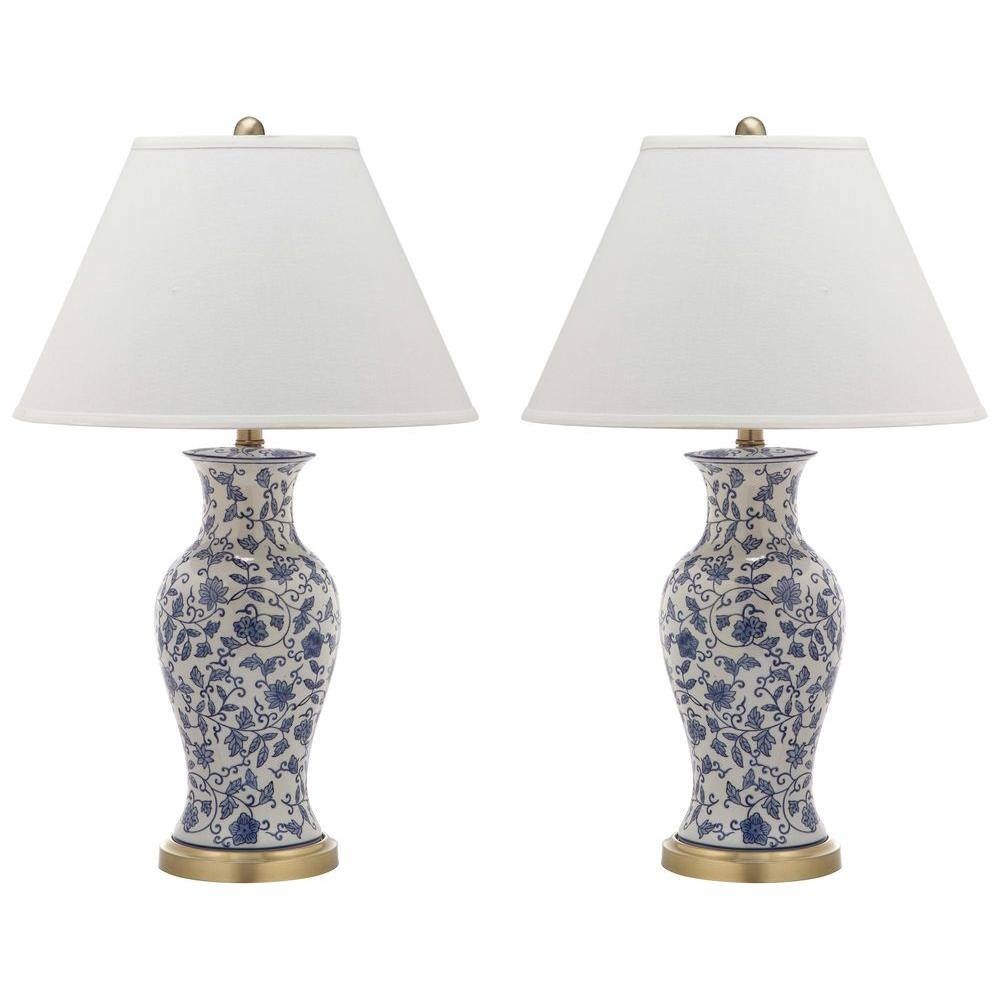 Beijing Blue and White Floral Urn Ceramic Table Lamp Set, 29"
