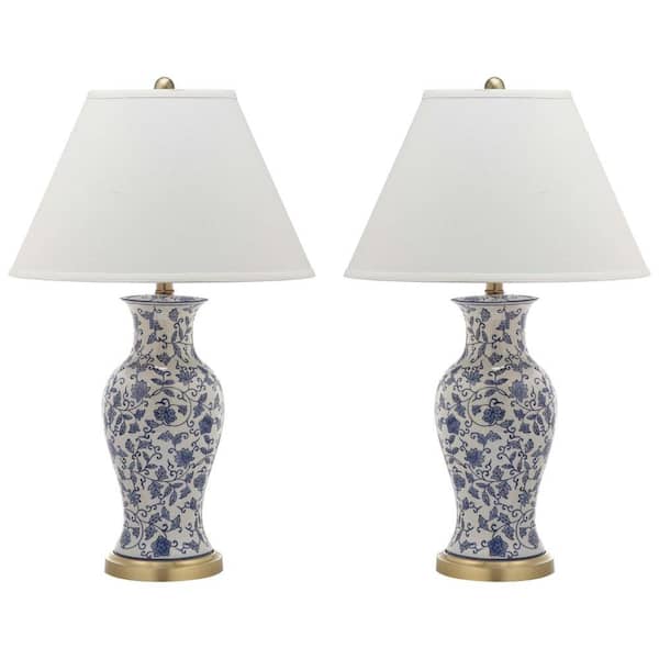 SAFAVIEH Beijing 29 in. Blue/White Floral Urn Table Lamp with White Shade (Set of 2)
