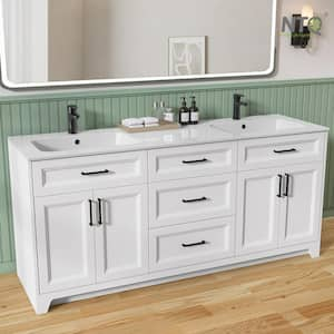 72 in. W x 22 in. D x 34 in.H Double Sink Freestanding Bath Vanity in White Bathroom Vanity Cabinet with White Resin Top