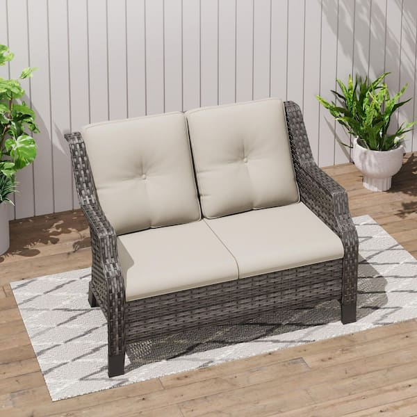 Brown Wicker Outdoor Loveseat Patio Sofa Deep Seating with Beige Cushions