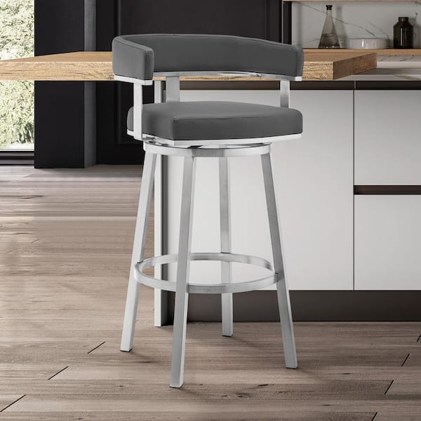 Armen Living Lorin 30 in. Gray/Brushed Stainless Steel Open Back Metal Bar Stool with Faux Leather Seat