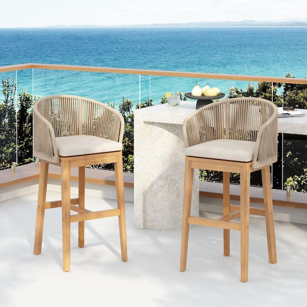 Xylia Modern 30.5 in. Solid Wood and Rope Patio Outdoor Bar Stool with Beige Cushions, Set of 2, Teak Finish + Beige
