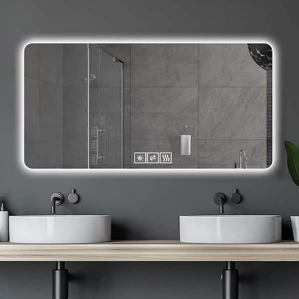 59 in. W x 28 in. H Rectangular Frameless Dimmable Wall Bathroom Vanity Mirror in Silver