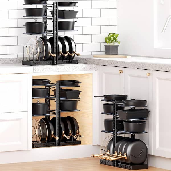 Black Adjustable Rack Pot Rack for Cabinet, 12 Tiers Organizer Holds 90 lbs Cast-iron Cookware, 1 Piece Standing