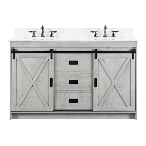 Rafter 54 in. W x 22 in. D Bath Vanity in White Wash with Carrara White Engineered Stone Vanity Top with White Sinks