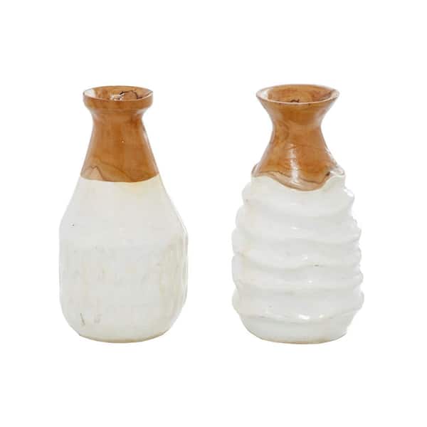 Litton Lane White Handmade Teak Wood Decorative Vase with Ripple Texture (Set of 2)
