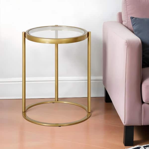 HomeRoots 16 in. Brass Round Glass End Table