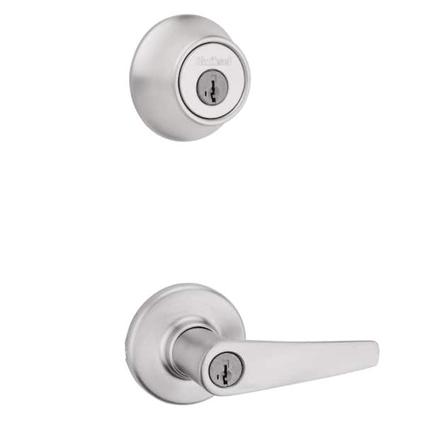 Kwikset Delta Satin Chrome Keyed Entry Door Handle and Single Cylinder Deadbolt Combo Pack featuring SmartKey Security