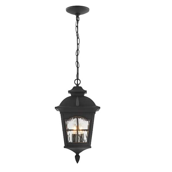 Loridan Square 19.5 in. 2-Light Black Outdoor Hanging Light Pendant Light with Clear Water Glass