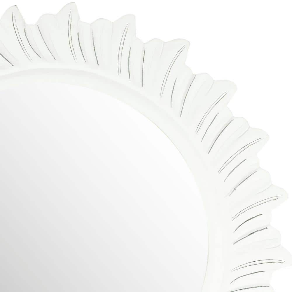 Antique White Round Wood Sunburst Wall Mirror