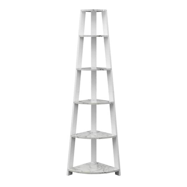 Convenience Concepts Newport 71 in. White Faux Marble/White MDF 6 Tier Corner Bookcase