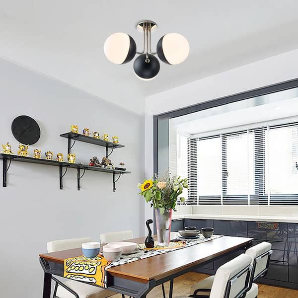 19.7 in. 3-Light Polished Nickel + Matte Black Semi-Flush Mount with Opal Glass Shade and No Bulbs Included