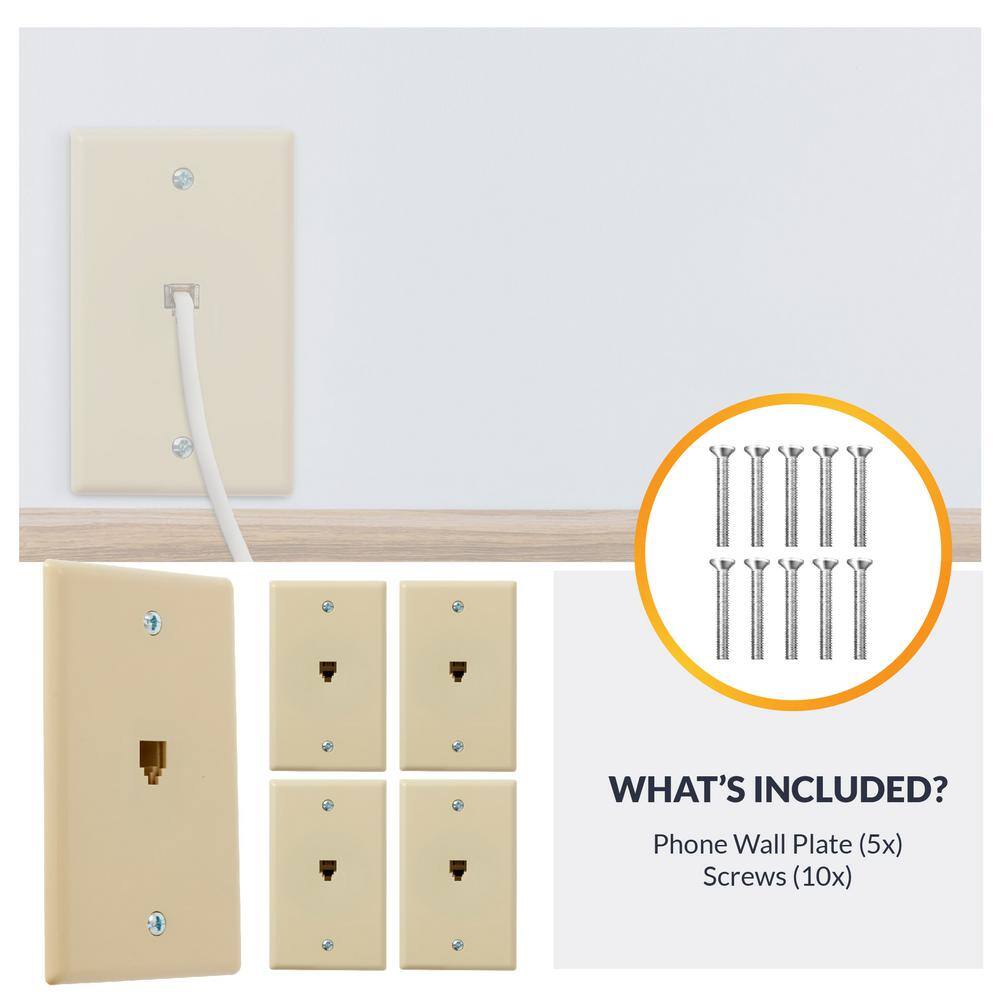 Ivory Single Gang Plastic Telephone Jack Wall Plate, 5-Pack