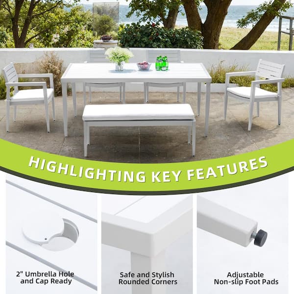 6-Piece Aluminum Outdoor Dining Set with Sunbrella Cushion and Rectangle Table in White and Gray with Umbrella Hole