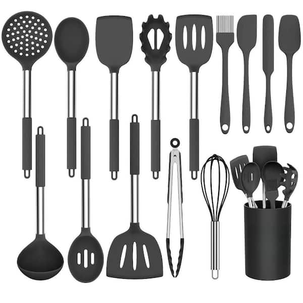 15 Piece Black Silicone Cooking Kitchen Utensil Set Non-stick Kitchen Cookware with Stainless Steel Handle