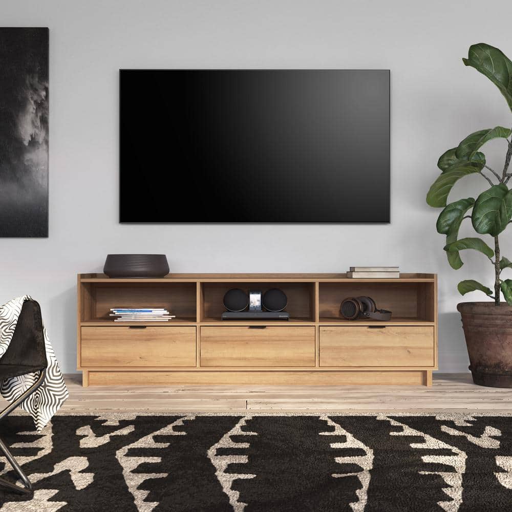 Oak Laminate 70" TV Stand with Storage Cabinet and Shelves