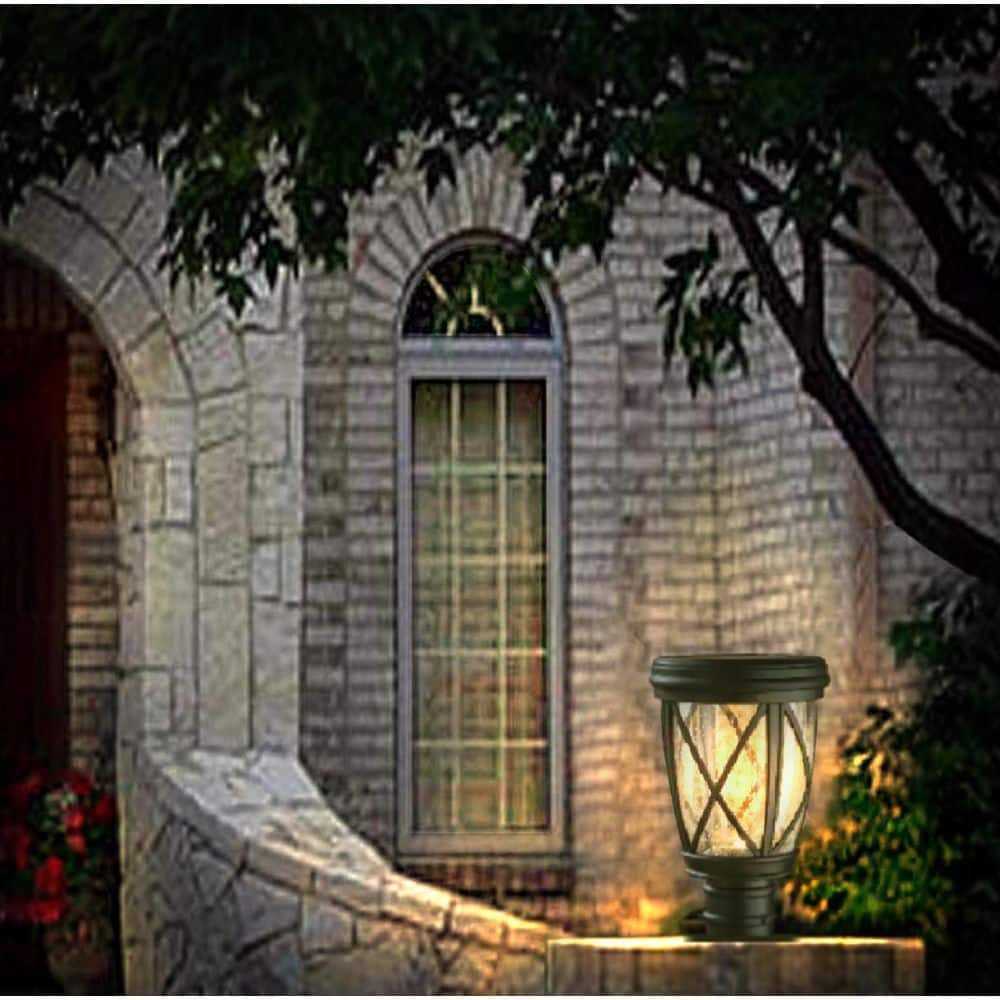 Black Aluminum Solar Post Lantern with Seeded Glass Shade